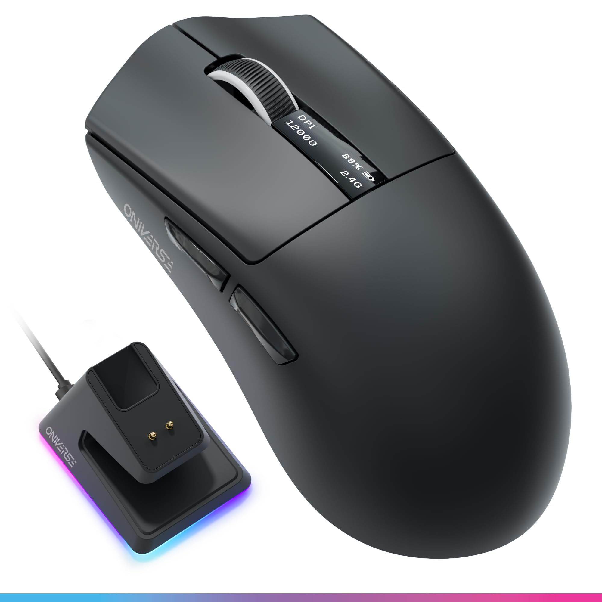 Oniverse Vanguard Wireless Gaming Mouse with Charging Dock - PixArt Sensor 12000 DPI 3 Connection Modes (2.4G/Bluetooth/Wired) Built-in Screen Polling Rate 1000Hz for PC/Mac/PS5/PS4 (Black)