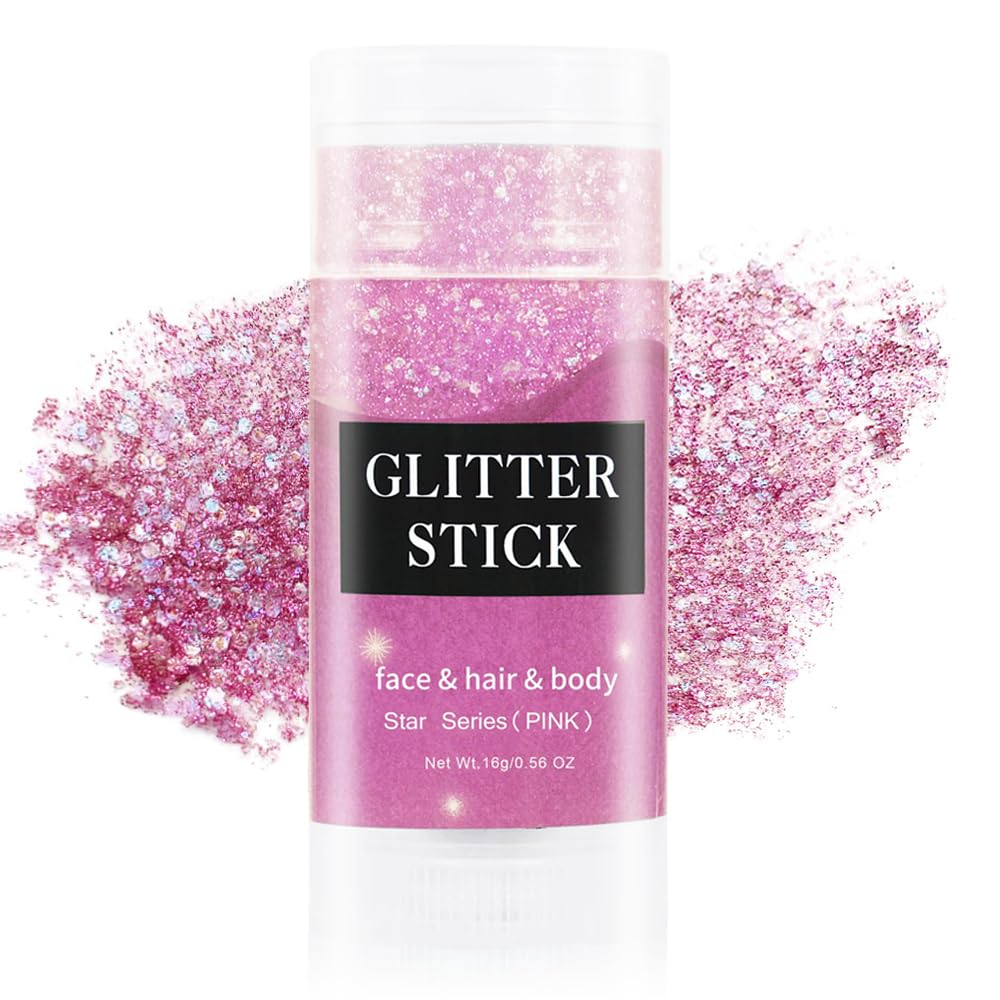 Yeweian Pink Face Body Glitter Stick, Mermaid Sequins Face Glitter Gel, Singer Concerts Music Festival Rave Accessories,Holographic Chunky Glitter