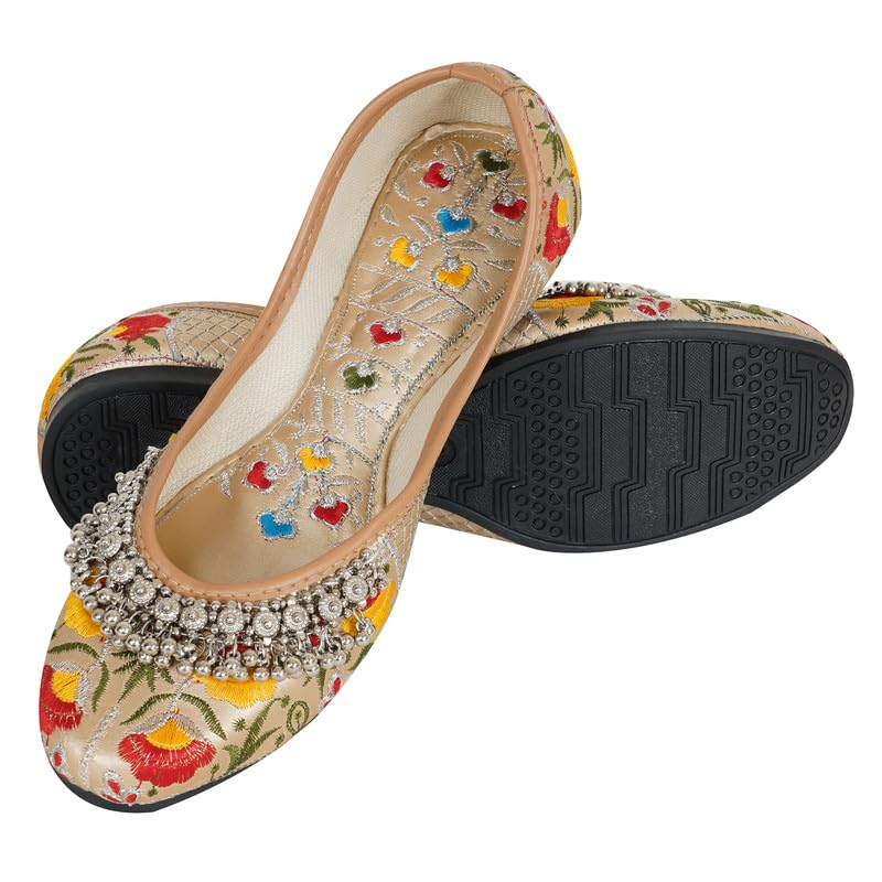 Women Rajasthani Ethnic Embroidery with Payal Punjabi Mojari's Juti’s, Color - DARKCREAM3