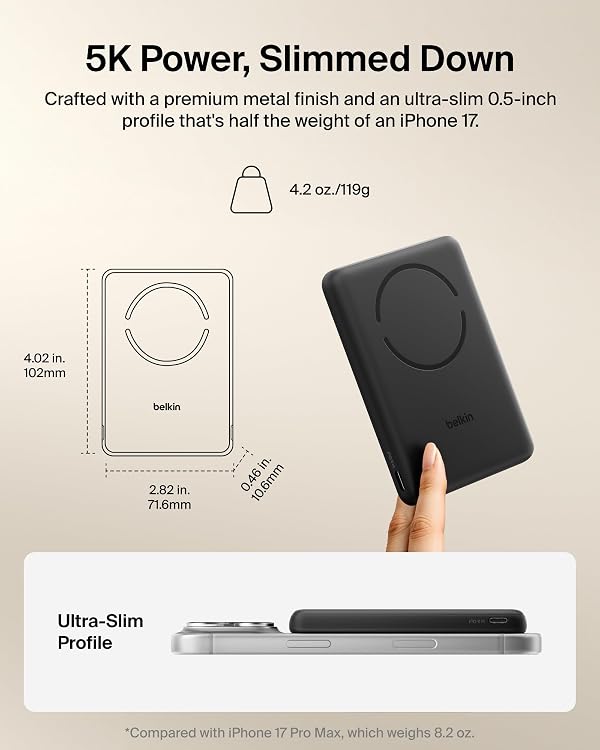 Belkin MagSafe Power Bank 5,000mAh, Ultra-Slim Qi2 15W Certified Magnetic Back Supports MagSafe Accessories On-the-Go, Wireless Battery Pack w/USB C Cable for iPhone 17, Pixel 10, Travel - Black by Belkin - Used condition - Image 2