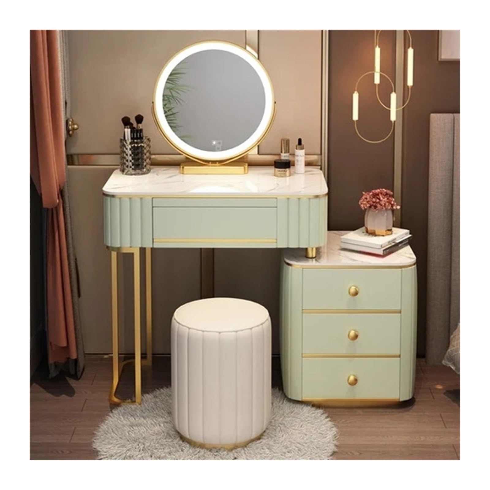 CGCSYZ Vanity Desk Luxury Dressing Table with Mirror Cushioned Stool Bedroom Dressing Table with Drawer Storage Bedroom Furniture Makeup Dressing Table (Green L80cm)