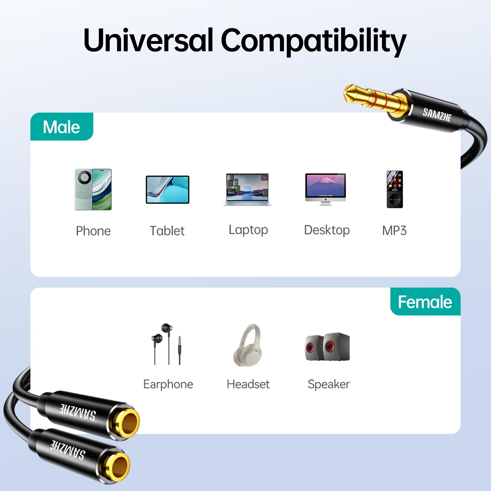 SAMZHE Kopfhörer-Splitter, 3,5 mm, 1 Stecker auf 2 Buchsen, Y-AUX-Kabel, 24 K vergoldet, OFC, Hi-Fi-Stereo-Kabel ohne Mikrofon, 24 cm für PS5, PS4, Switch, Xbox, iPhone, iPad, Auto, Laptop, Audio