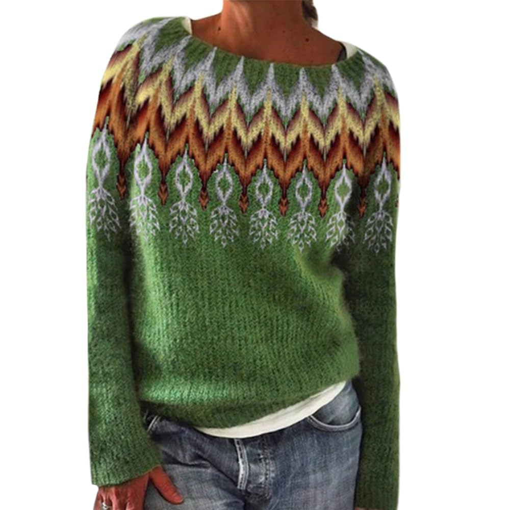 Bengbobar Fair Isle Sweater Womens Pullover Argyle Vintage Winter Fall Casual Boho Knit Tops Crewneck Long Sleeve Blouse
