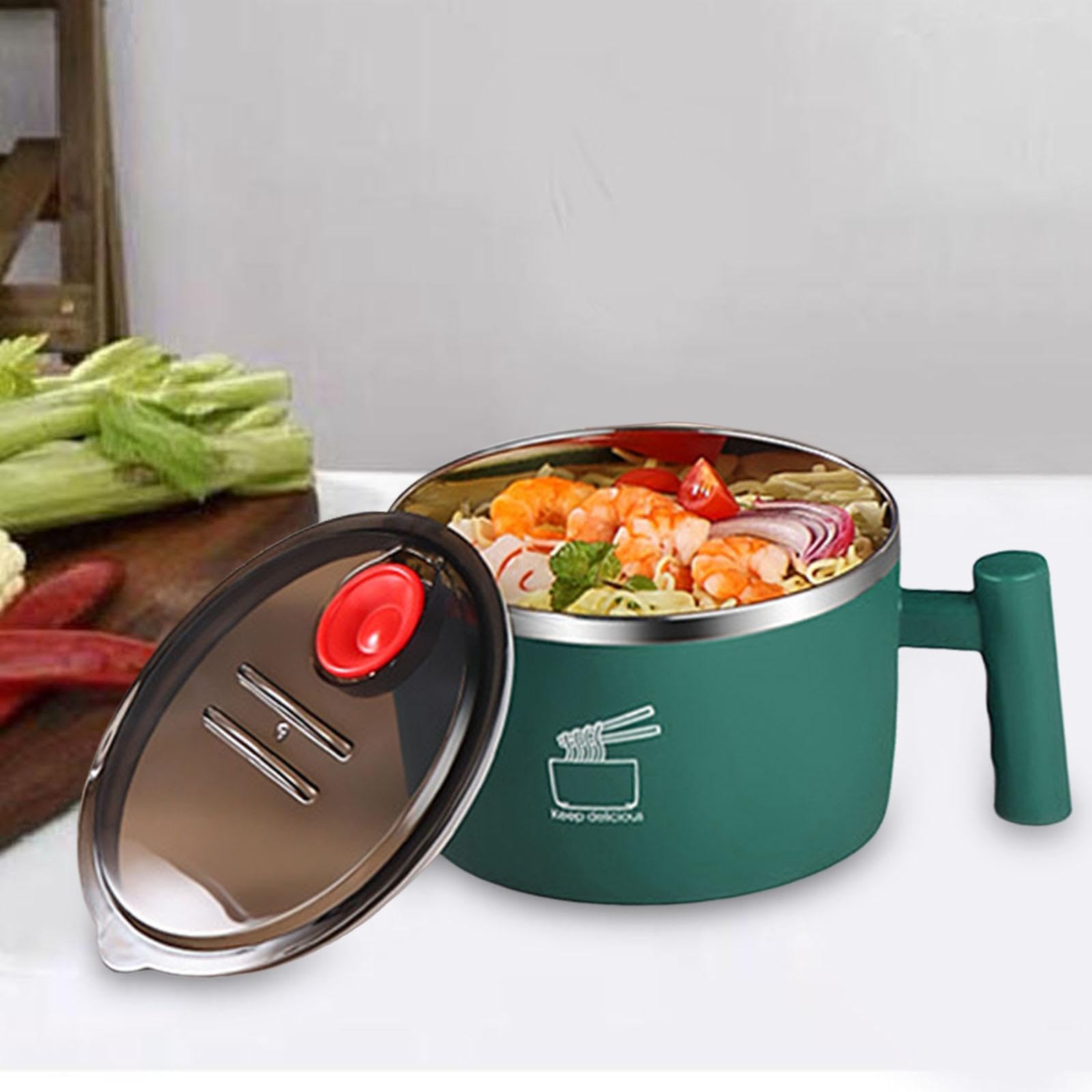 perfk Tazón de Ramen para ensalada, tazón de sopa Udon, vajilla de gran capacidad, cuencos portátiles para Fideos instantáneos con tapa y asa para, VERDE