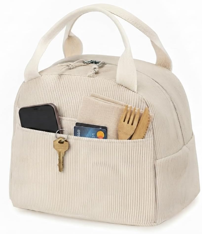 Corduroy Insulated Lunch Tote with Front Pocket for Women & Men Leakproof Reusable Meal & Food Bag, Large Capacity for Office, Picnic & Travel Corduroy Beige