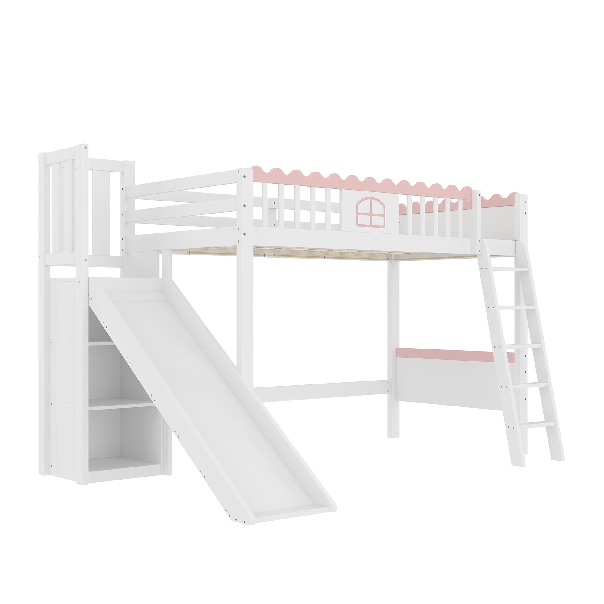 Merax Kinderbett 90x200, Hochbett mit Rutsche und Stauraum, Jugendbett Mädchenbett, LED-Bettgestell mit Lattenrost(ohne Matratze), Einzelbett aus Kiefernholz, EN747 Zertifiziert, Weiß