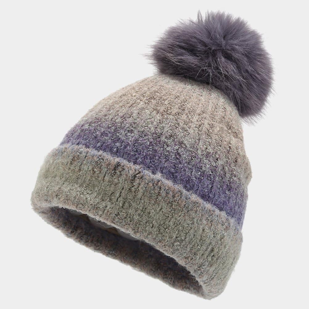 Donna Inverno Caldo Gradiente Pompon Beanie Cappello Touchscreen Guanti Lunga Maglia Sciarpa 3 in 1 Set,Viola