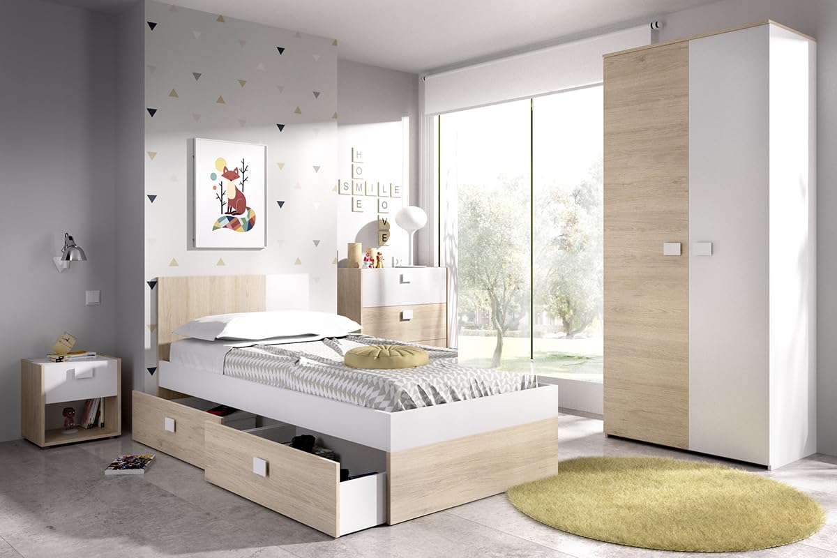 PEGANE Ensemble Chambre à Coucher complète (lit Adulte 190x90 cm avec 2 tiroirs + Table de Chevet + Armoire + Commode) Coloris Blanc, chêne Naturel