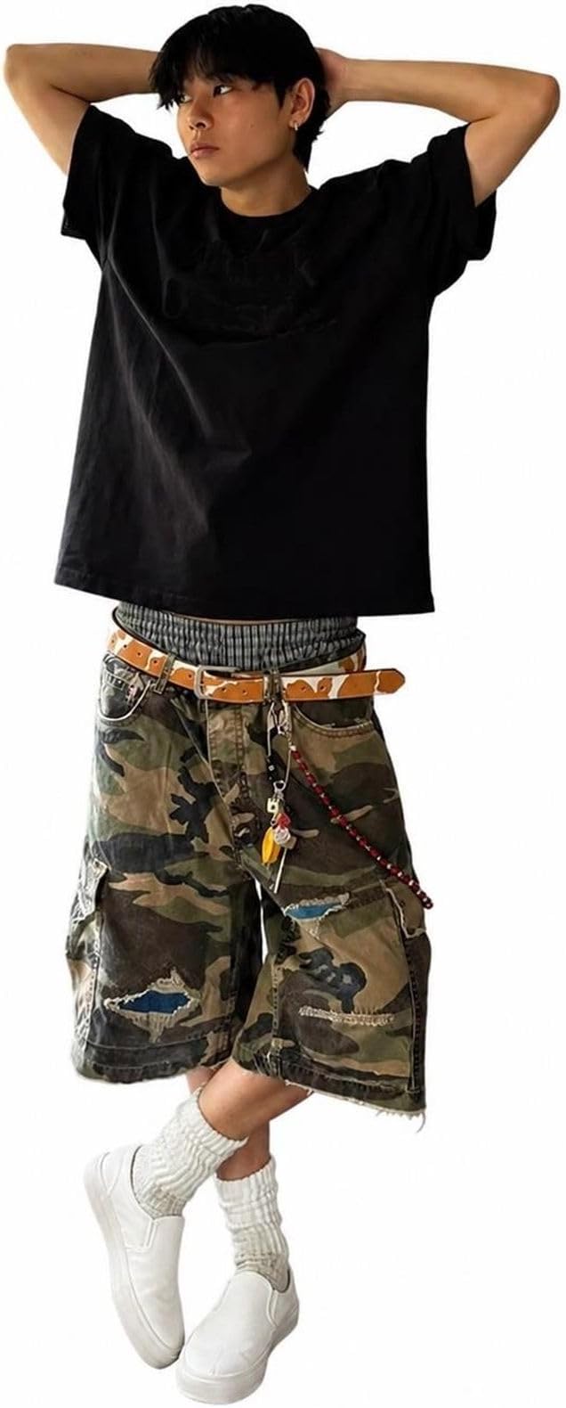 カーゴパンツ 迷彩柄 ショートパンツ メンズ ワイド ダメージ デニム ヒップホップ ストリート オーバーサイズ 膝丈 ゆったり カジュアル ハーフ ファッション