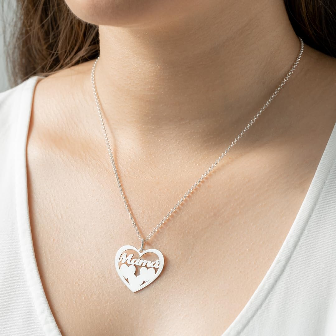 Collar Corazón para Mujer en Plata de Ley 925 personalizable con Nombres de Hijos. Cadena de 45 cm. Ideal para regalar a madres, abuelas en Cumpleaños, Navidad. Hecho en España.