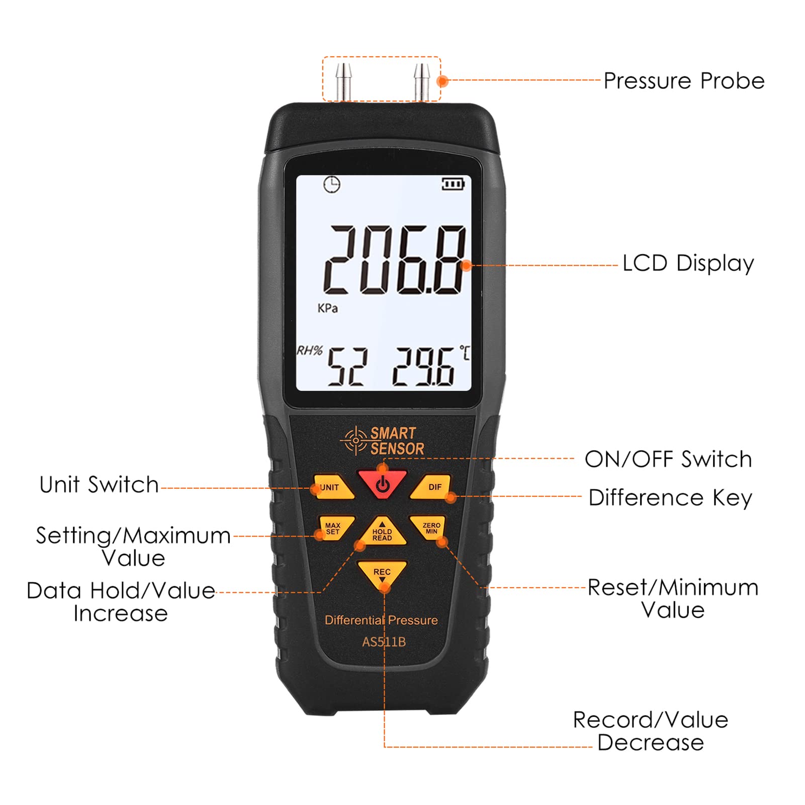 AS511B Digitales Differenzdruckmessgerät -206,8~206,8 KPA Manometer Luftgasdruckprüfgerät mit zwei Anschlüssen und LCD-Display mit Hintergrundbeleuchtung