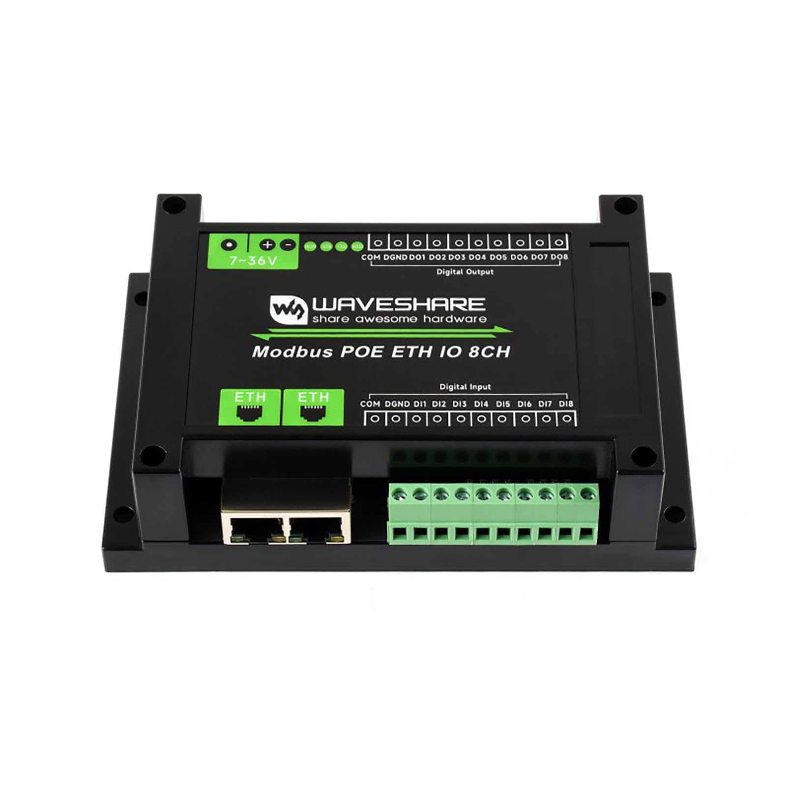 PoE Ethernet Modbus IO Module 8DI 8DO, Modbus TCP/RTU, Dual LAN Ports Cascade, IEEE 802.3af PoE + DC 7-36V, 500mA Sink Outputs, DIN Rail Mount, Isolation Protection