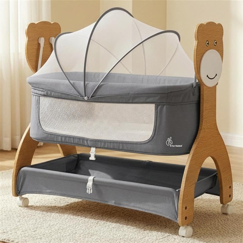 R for Rabbit Lullabies Woodsy 2 in 1 Manual Swing Wooden Cradle Newborn Baby Convertible Cot Bassinet with Mosquito Net, Lockable Wheels & Storage Space for Kids 0-12 Months, Upto 12 Kg (Dark Grey)