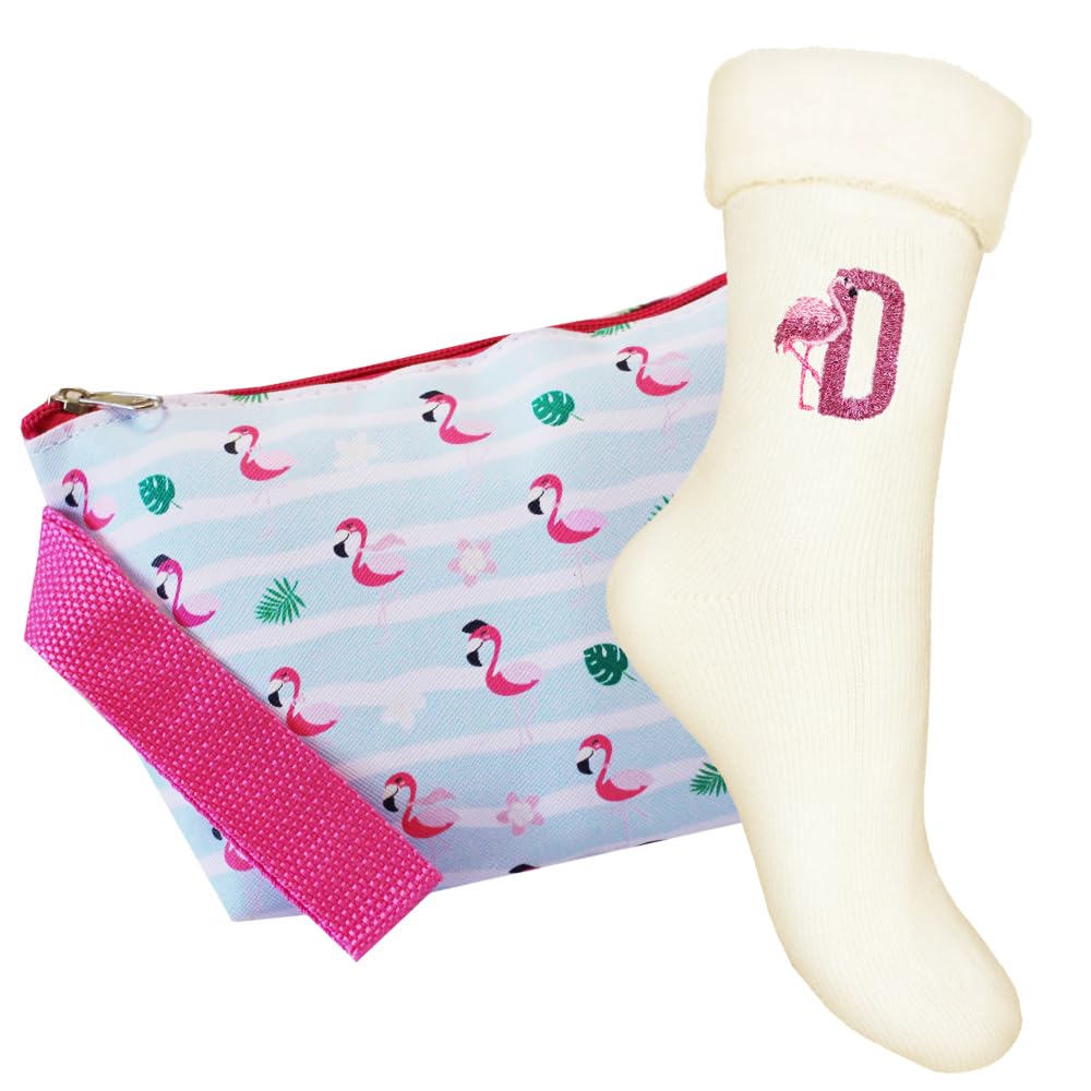 Teddyt's Women's Cream Personalised Sparkle Flamingo Initial Embroidered Fluffy Bed Socks & Cosmetic Pouch Set