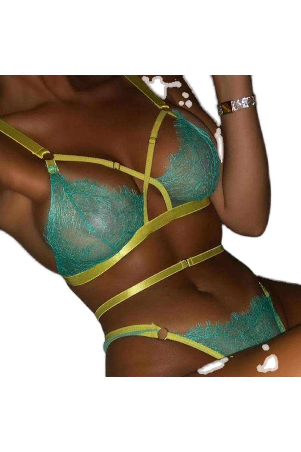 Conjuntos de Ropa de Dormir y Batas para Mujer tentación Encaje Fino Color a Juego Traje Uniforme Ropa Interior Mujer (Verde Grande)