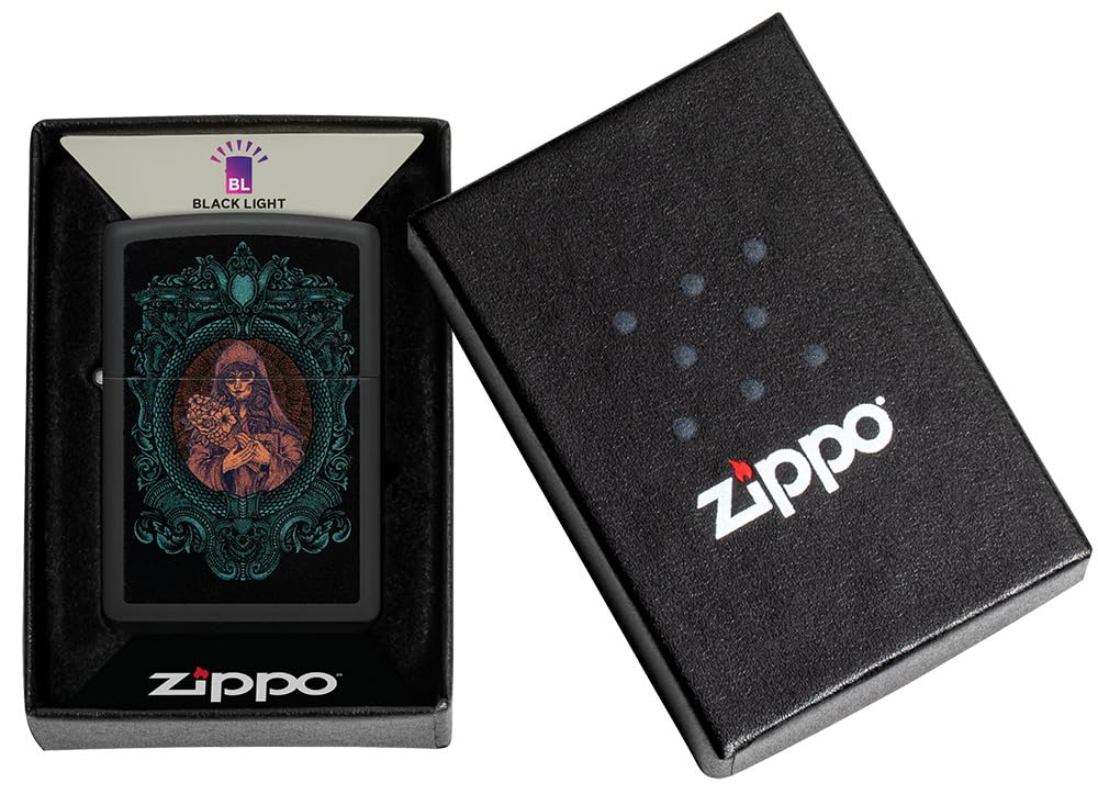 Zippo Briquet Tempête - Woman in The Mirror - Noir Mat - Effet Lumière Noire - Rechargeable - Réutilisable - Design Coupe-Vent - Coffret Cadeau - Fabriqué aux États-Unis