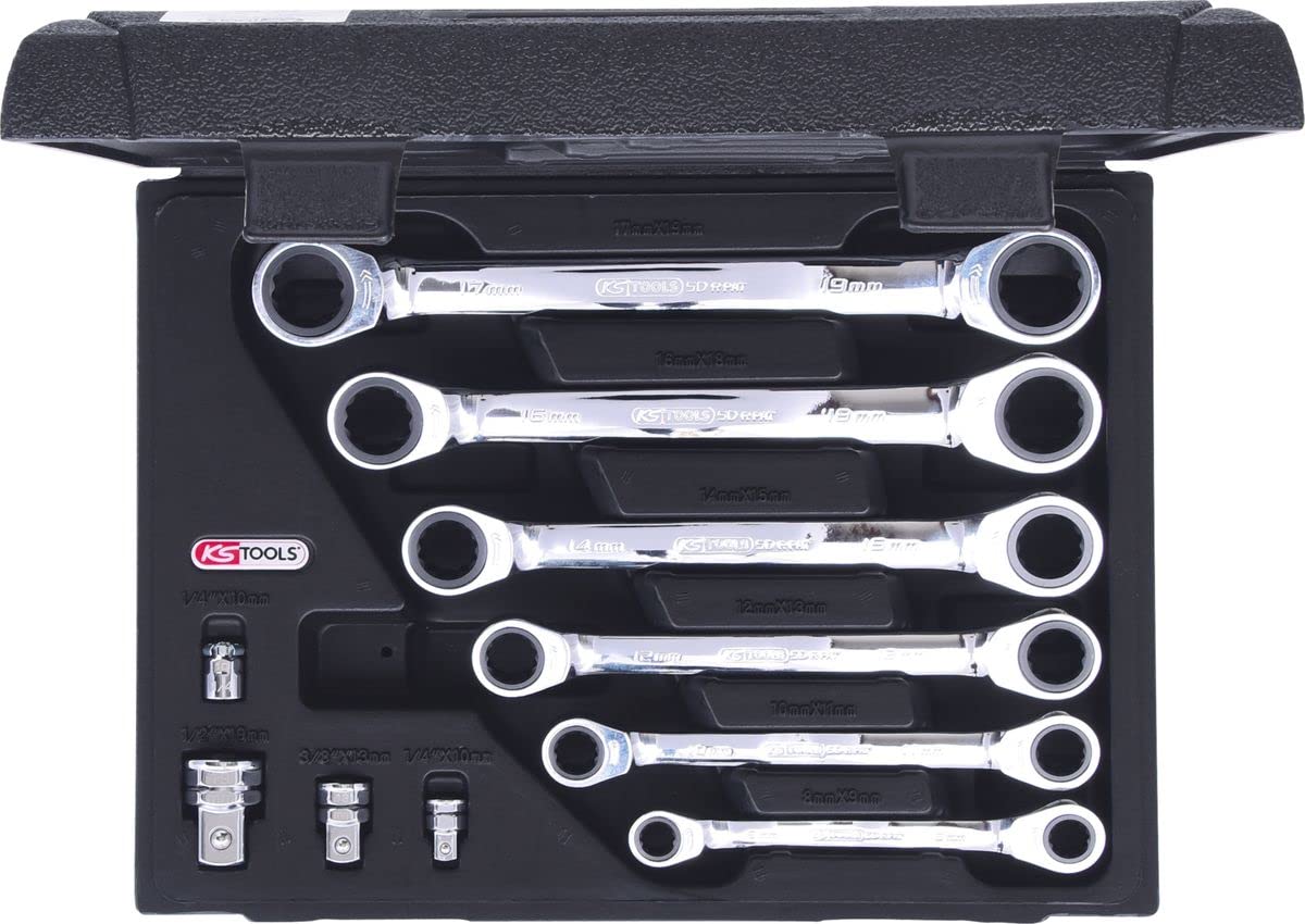 KS Tools 503.4560 GEAR+ Zestaw podwójnych kluczy oczkowych z grzechotka, 10szt 8x9-17x19mm z adapt