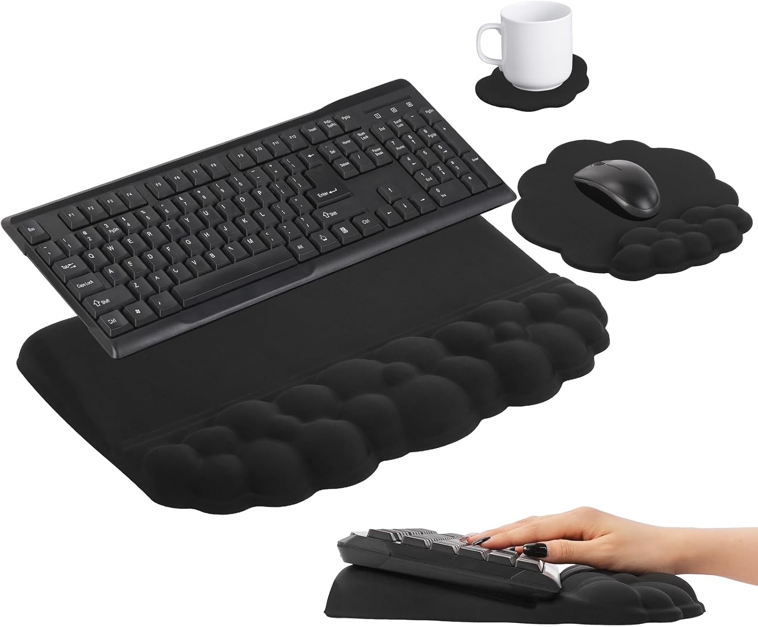 Ergonomic Keyboard Stand with Wrist Rest and Mouse Pad Set, Cloud Tilted Computer Key Board Riser Holder, Soft Memory Foam Support & Non-Slip PU Base for Pain Relief, Office Home Desk Accessories