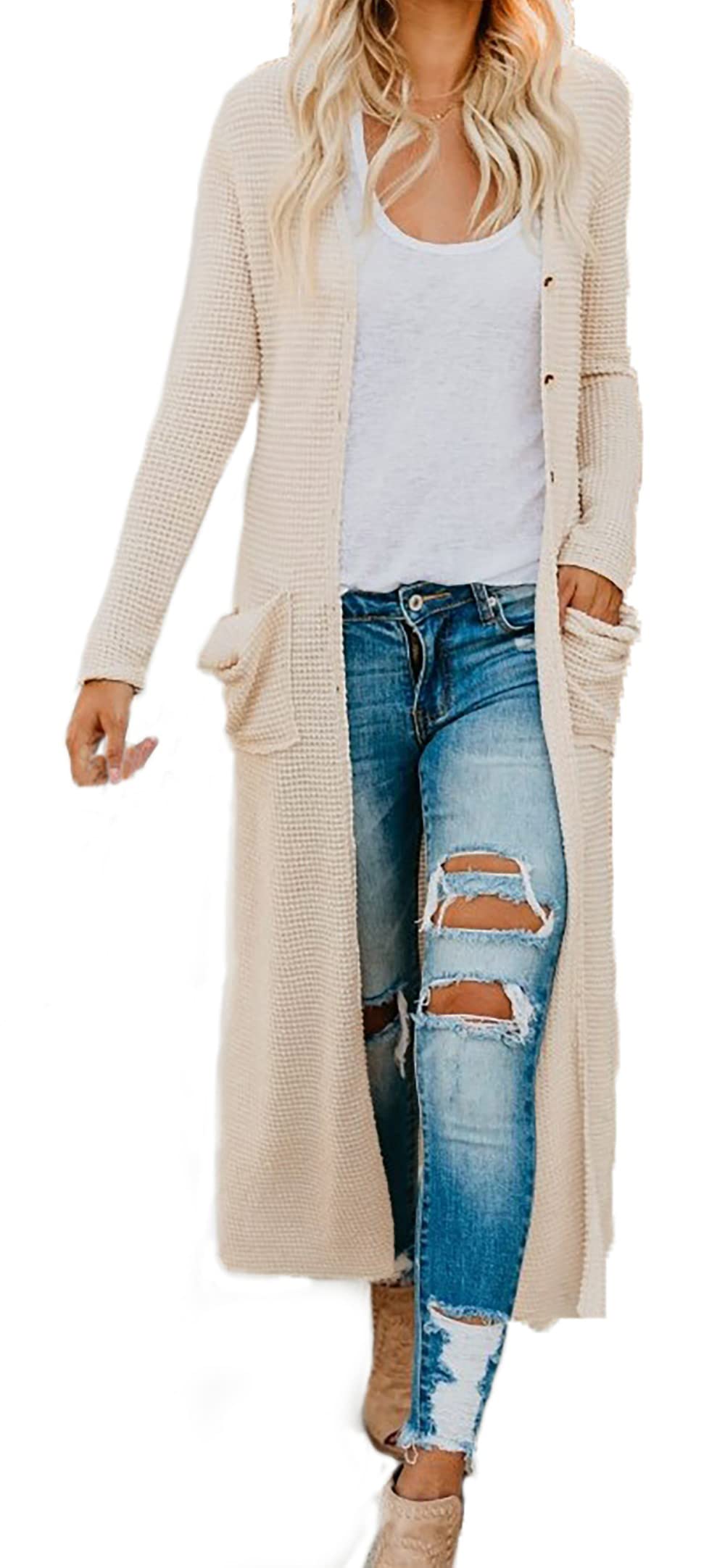 HZSONNE Womens Boho Long Casual Cardigan Long Sleeve Button Down Front Pocket Knitted Sweater Blouses