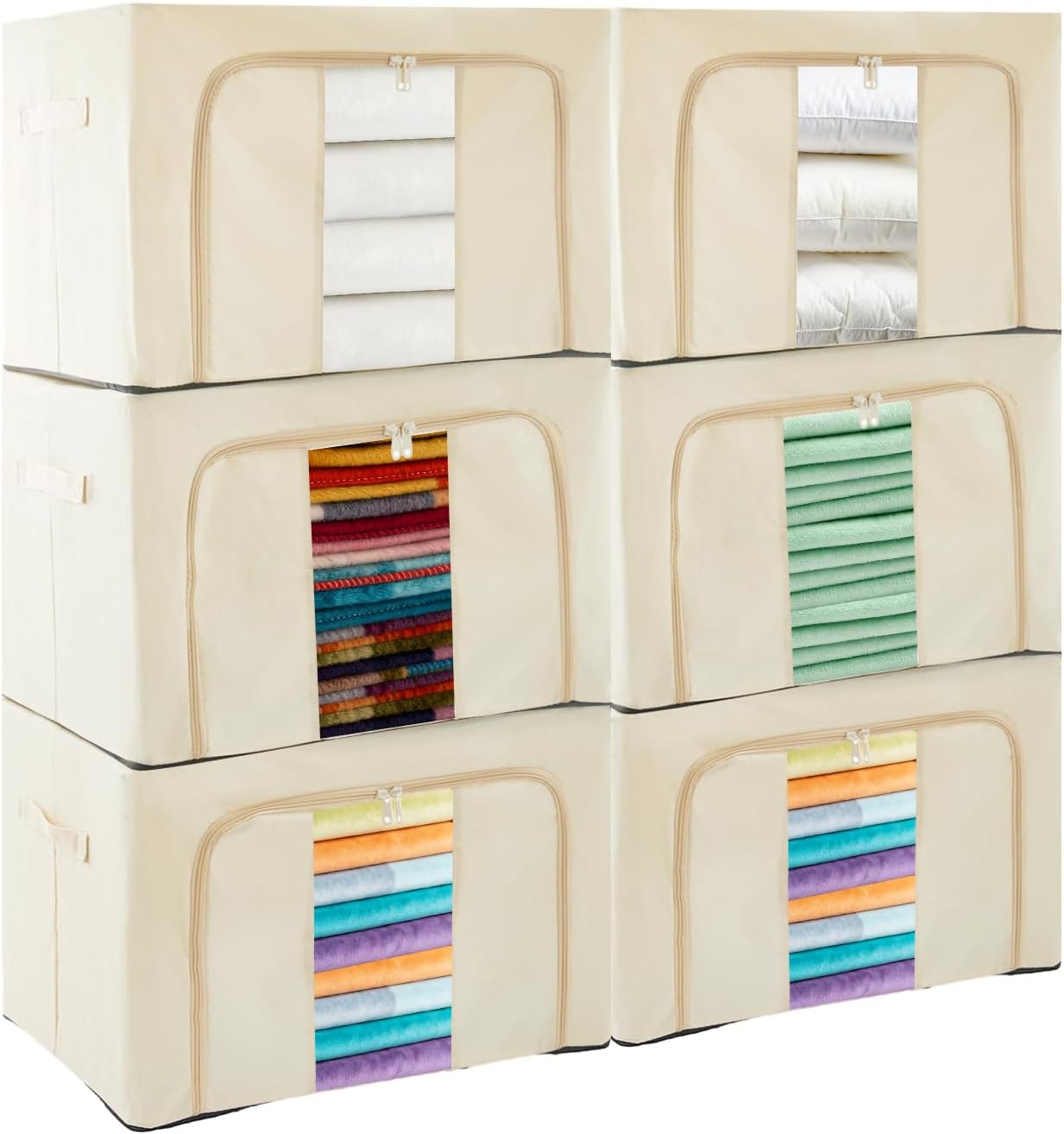 – 66L Closet Organizers and Clothes Storage Boxes Foldable Cloth Steel Frame Box with Double Opening Zip Clear Window Collapsible Wardrobe Storage Bins (Off white, 6 Pack)