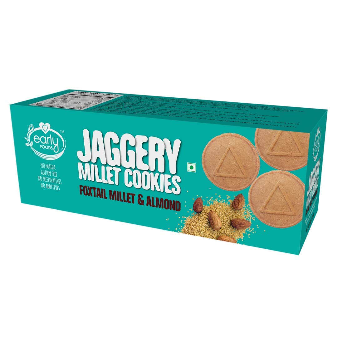 Early Foods - No Maida No White Sugar - Foxtail Millet & Almond Jaggery Cookies | Kids Snack | Sugar free Biscuits for Kids & Adults | Almond Biscuits | No Junk Lunch Box Snack 130g
