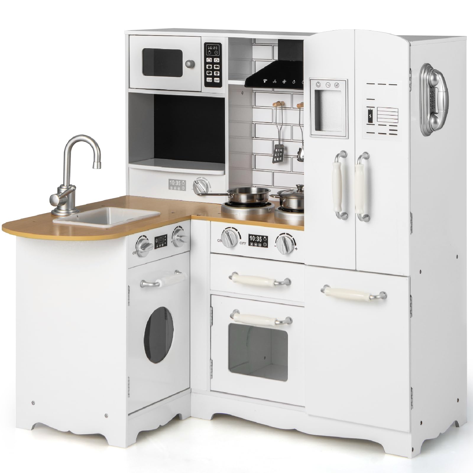 GYMAX Kids Corner Kitchen, Wooden Toy Kitchen with Sink, Stove, Microwave, Oven, Range Hood, Refrigerator, Water Dispenser and Cookware Accessories, Children Role Play Kitchen for Girls Boys (11 in 1)