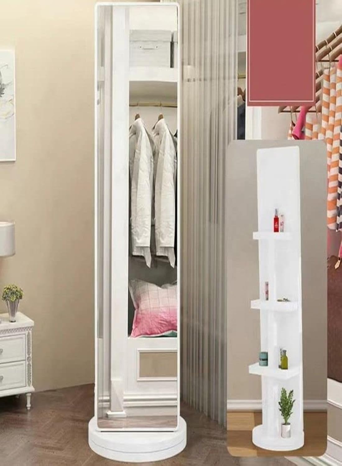 Kutis Effortlessly Elegant Multifunctional Full Body Rotating Dressing Mirror with Built-in Bedroom Floor Coat and Cap Storage Space-Saving Solution for Organizing and Adorning Your Bedroom Décor.