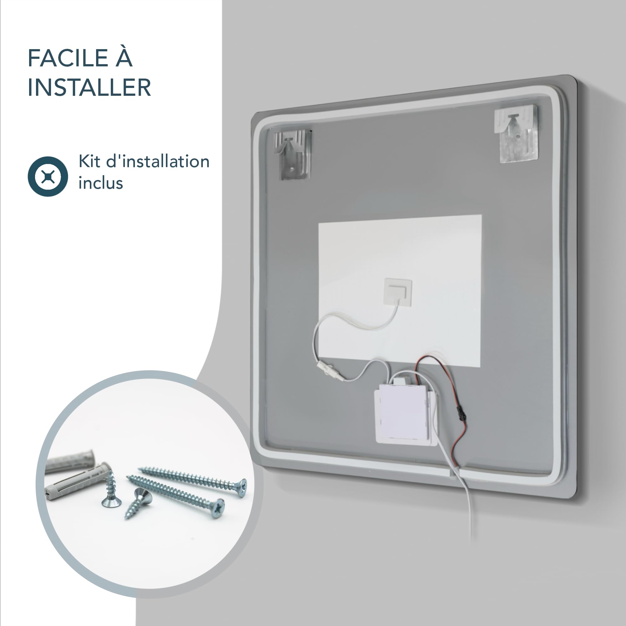 Miroir de Salle de Bain carré 80x80 avec lumière LED réglable, Fonction antibuée, Interrupteur Tactile, Verre trempé pour Salle de Bain Moderne, Usage Quotidien et Finition élégante