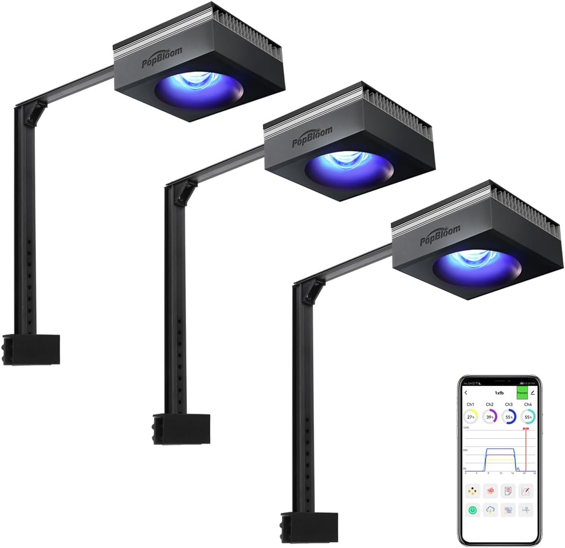 PopBloom 3PCS RL90 Smart-APP Control Saltwater Aquarium Light Marine LED Fish Tank Light for 60inch~72inch 150cm~180cm Coral Reef Tanks (SOL Blue, with Arm Kit)
