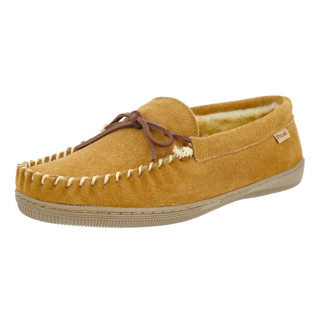PAMIR Men's Genuine suede Faux Fur Lined Slip on Moccasin Slippers Indoor Outdoor
