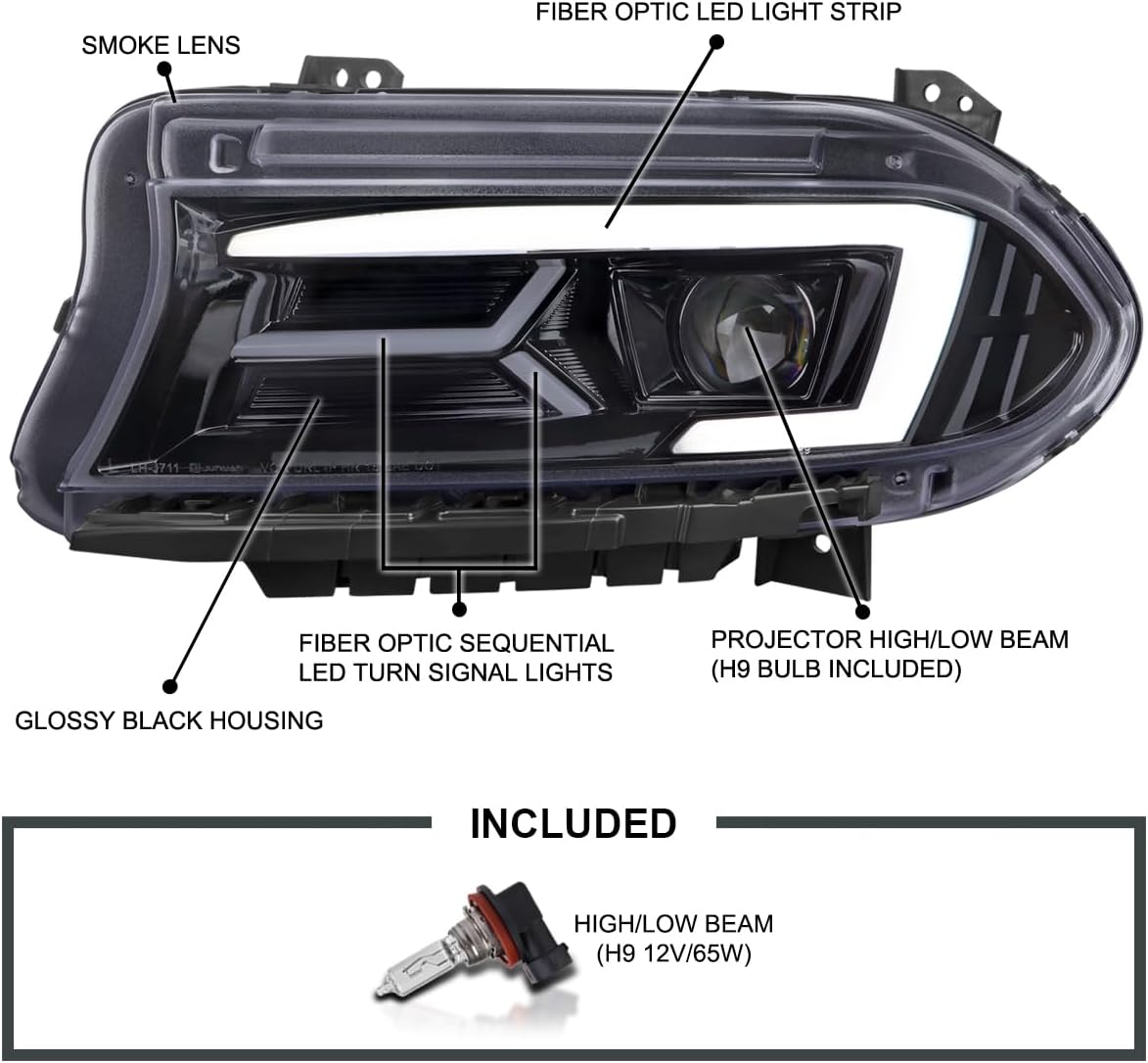 SPEC-D TUNING Glossy Black Smoke LED Projector Headlights w/Sequential Turn Signal Compatible with 2015-2023 Dodge Charger with factory halogen headlights