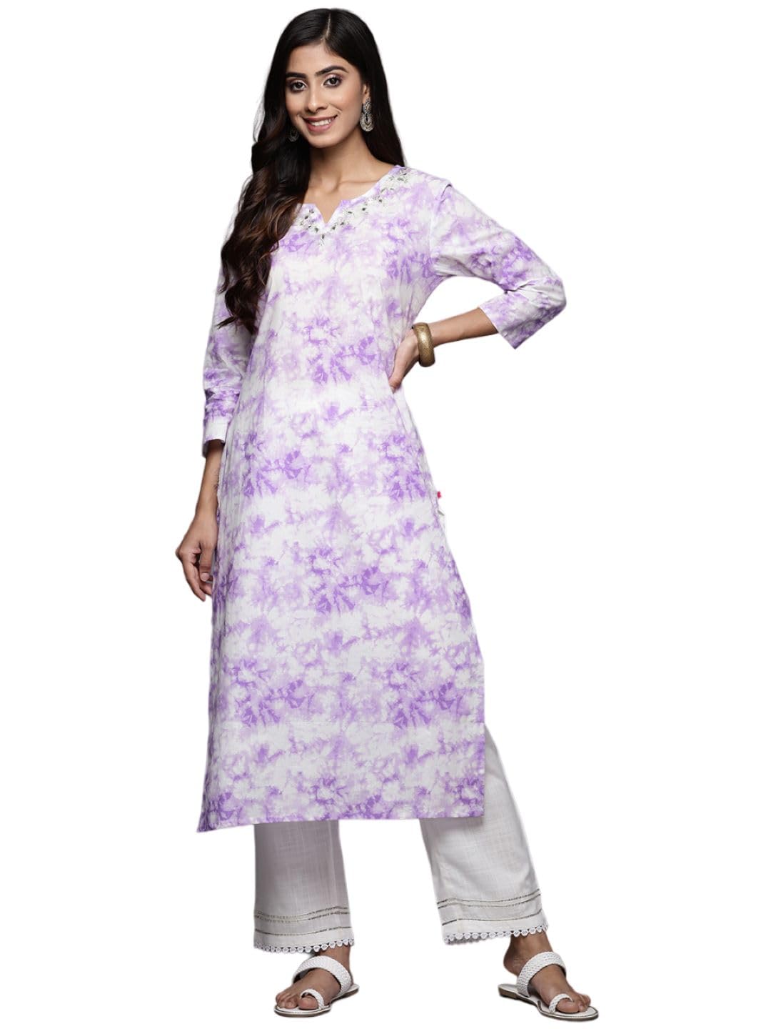 VarangaWomen's Shibori Straight Kurta With Embroidered Neckline