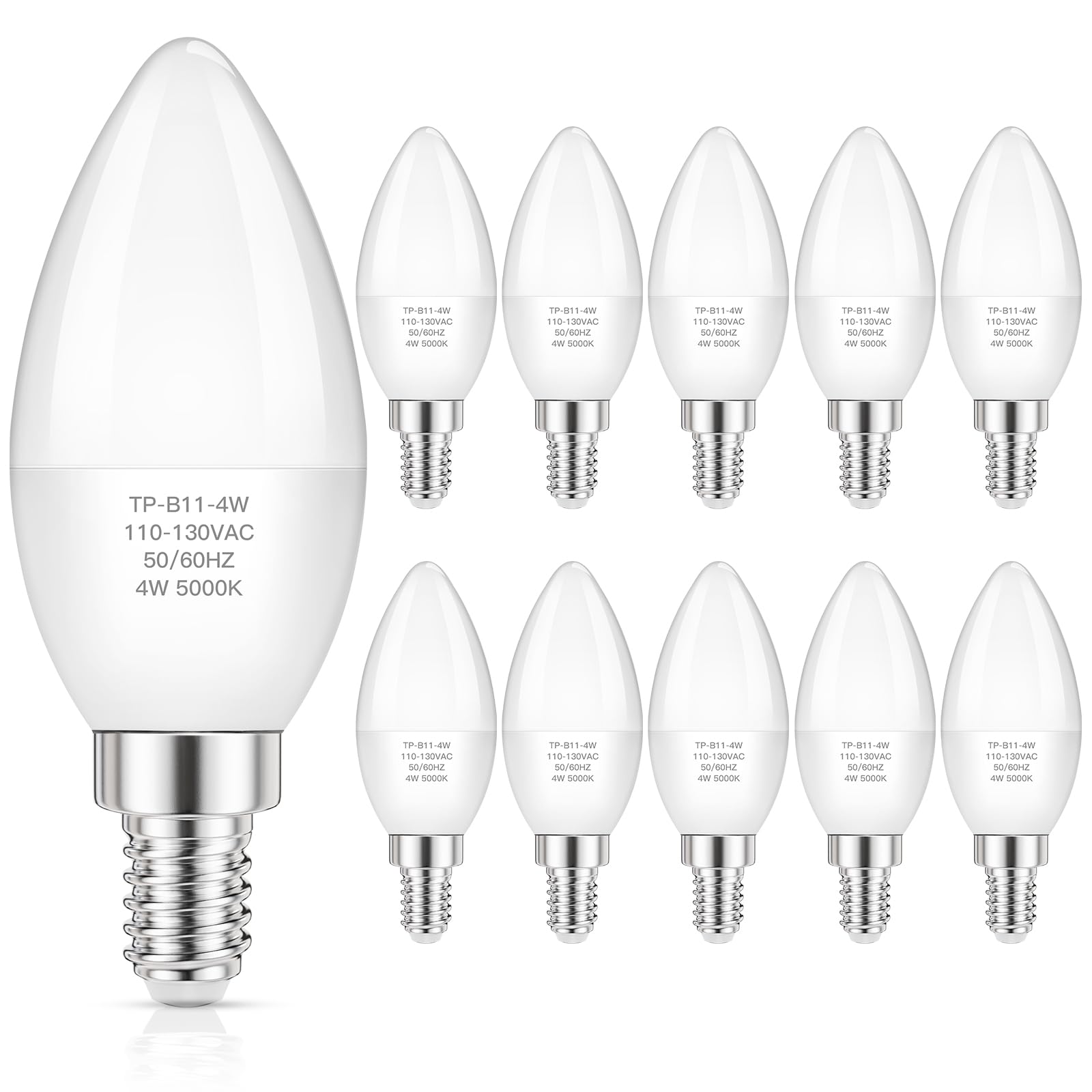MAXvolador E12 LED Candelabra Light Bulbs 40W Equivalent, Daylight White 5000K 4W Chandelier Bulbs, 400 LM Candle Bulb Base, Non-Dimmable, Pack of 10