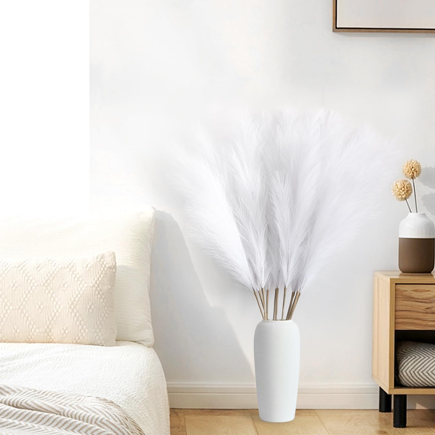 12 Stück Pampasgras Künstlich Groß,115CM Pampasgras XXL Flauschig,Künstliche Trockenblumen Deko für Boho Vase,Bodenvase,Dekoration Wohnzimmer,Schlafzimmer,Hochzeit (Weiß)