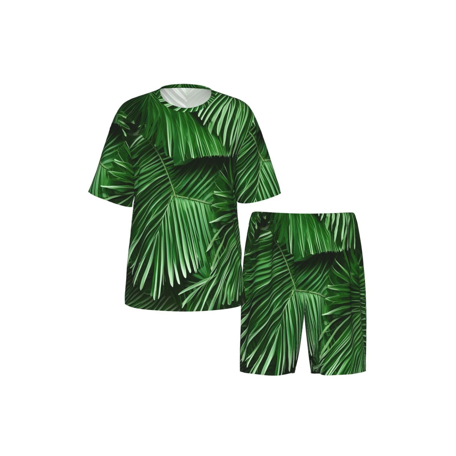 Bonito conjunto de pijama clásico con estampado de hojas de palma verde para hombre, pantalones cortos de pijama suaves para hombre, perfecto para las noches de verano