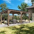 VEIKOU 10x20FT Outdoor Patio Gazebo, BBQ Backyard Gazebo with Cedar Frame, Grill Gazebo with Sloping Steel Roof Design for Barbecue, Deck, Garden, Light Mocha Brown