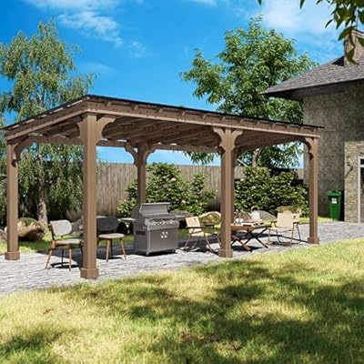 VEIKOU 10x20FT Outdoor Patio Gazebo, BBQ Backyard Gazebo with Cedar Frame, Grill Gazebo with Sloping Steel Roof Design for Barbecue, Deck, Garden, Light Mocha Brown