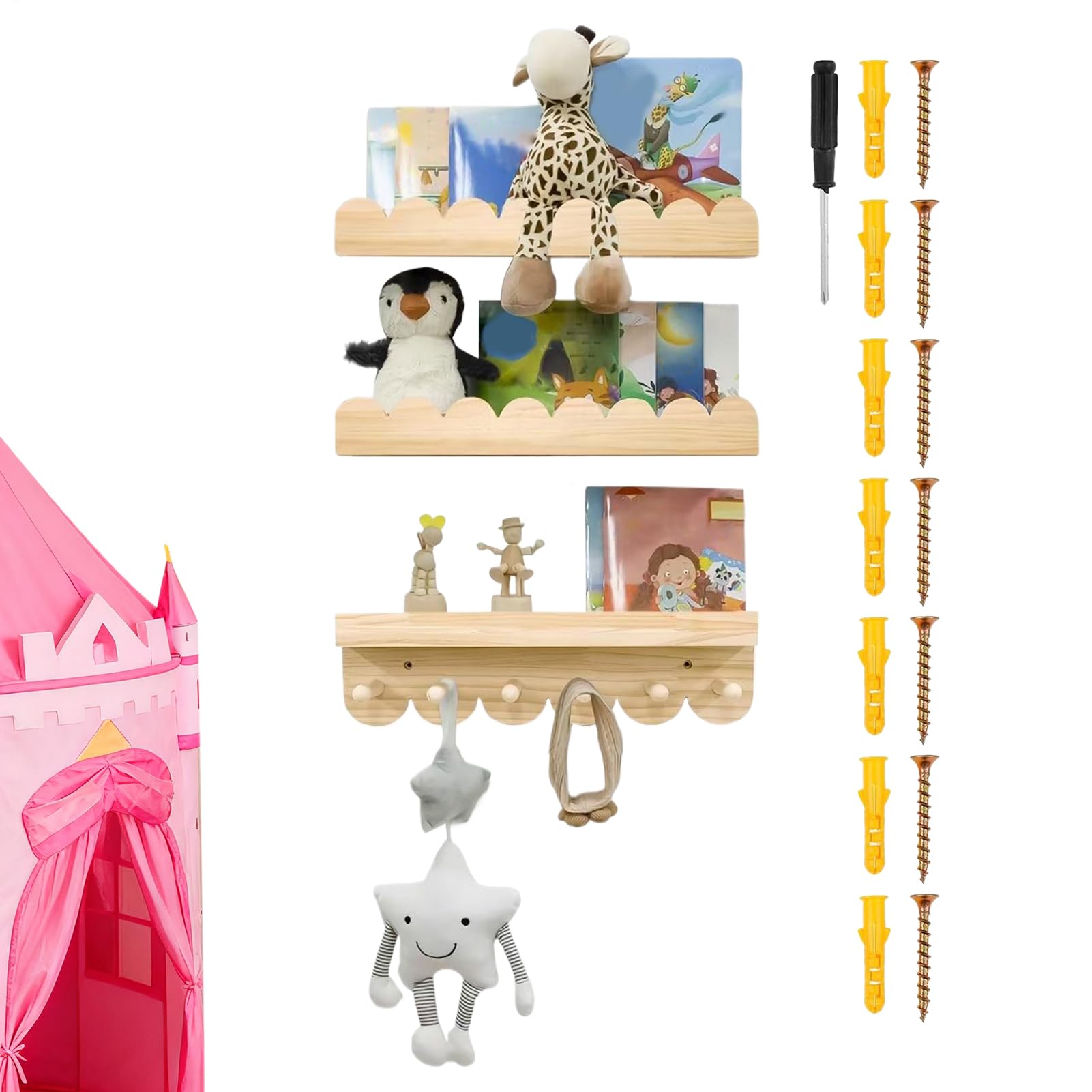 Wiszące Dziecięce Półki Na Książki Oszczędzające Miejsce Dekoracje 3 Sztuki | Solidne Wiszące Półki na Książki do Pokoju Dziecięcego Dla Rodziny Dzieci Chłopca Wnętrz Domu Nauki