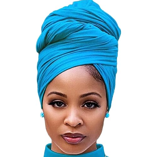 Harewom Hijab Scarfs for Women Head Wrap Long Lightweight Stretchy Muslim Jersey Cover Face for Winter Braid Locs Wig Deep Sky Blue
