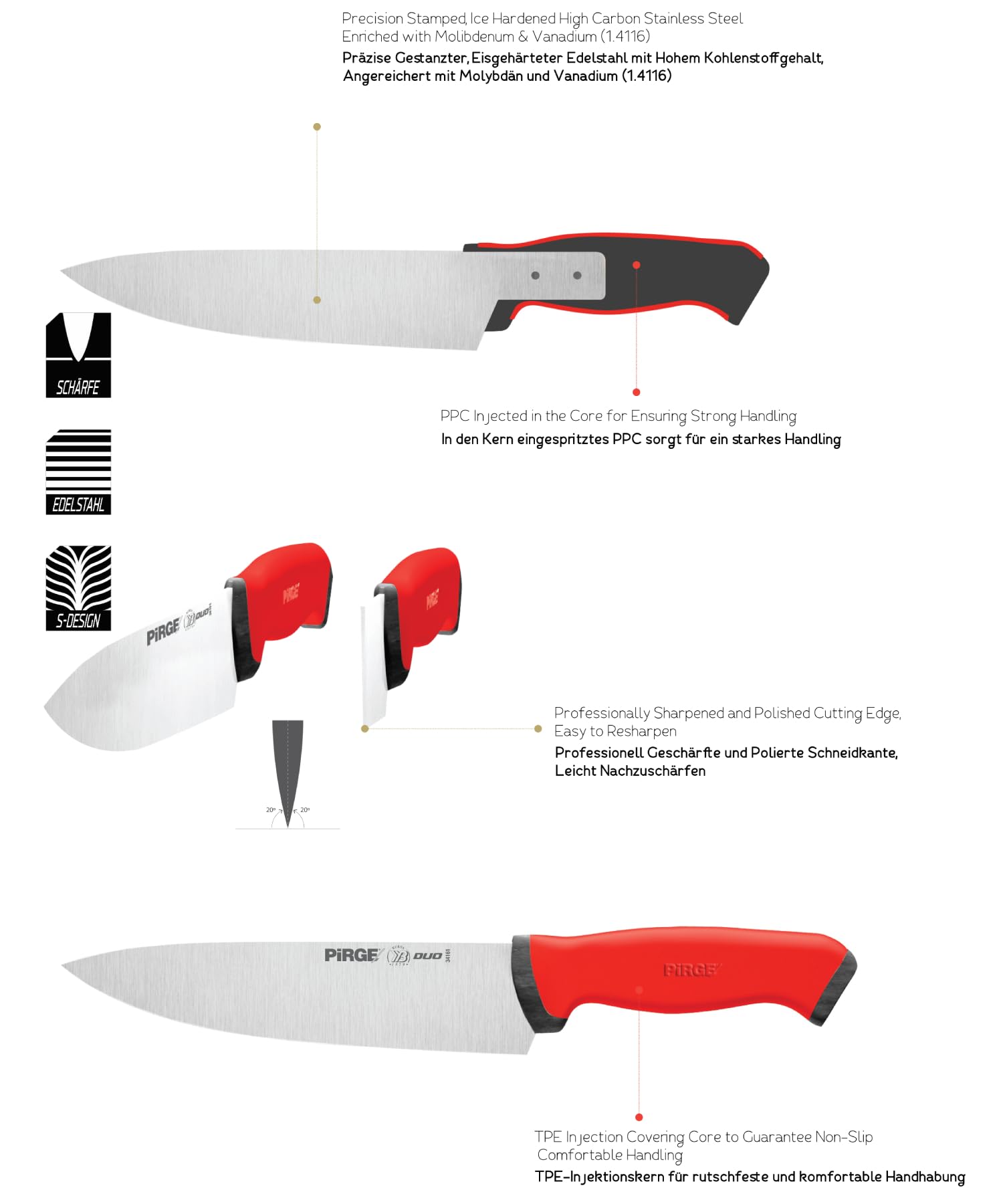 Pirge Duo Profi Messerset mit Tasche 7 Stück - Rutschfester Griff - Profi Kochmesser Set - Edelstahl Profi Küchenmesser Set - Messer Set Scharf für Köche