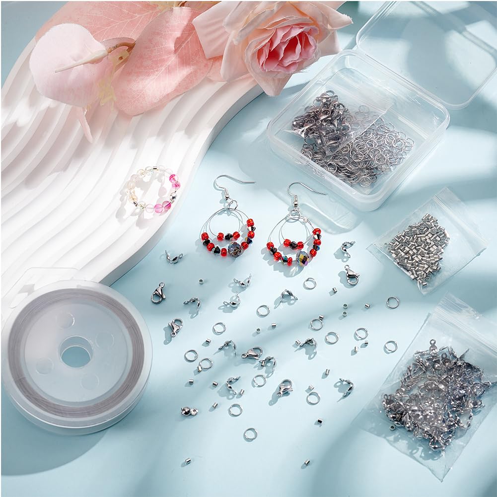 Kit Fil Perlé 7 Brins BENECREAT 300m Acier Inox 0.3mm + 200 Perles à Sertir, 100 Embouts, 30 Fermoirs Homard, 200 Anneaux – Fabrication Bijoux DIY