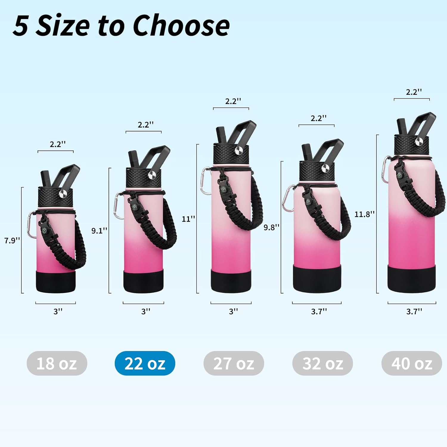 BJPKPK Insulated Water Bottle with Straw Lid, 22oz Thermal Flasks Water Bottles with 3 Lids, Paracord Handle & Non-slip Boot, BPA Free Leak Proof Stainless Steel Tumblers, Cups,Cherry - Image 5