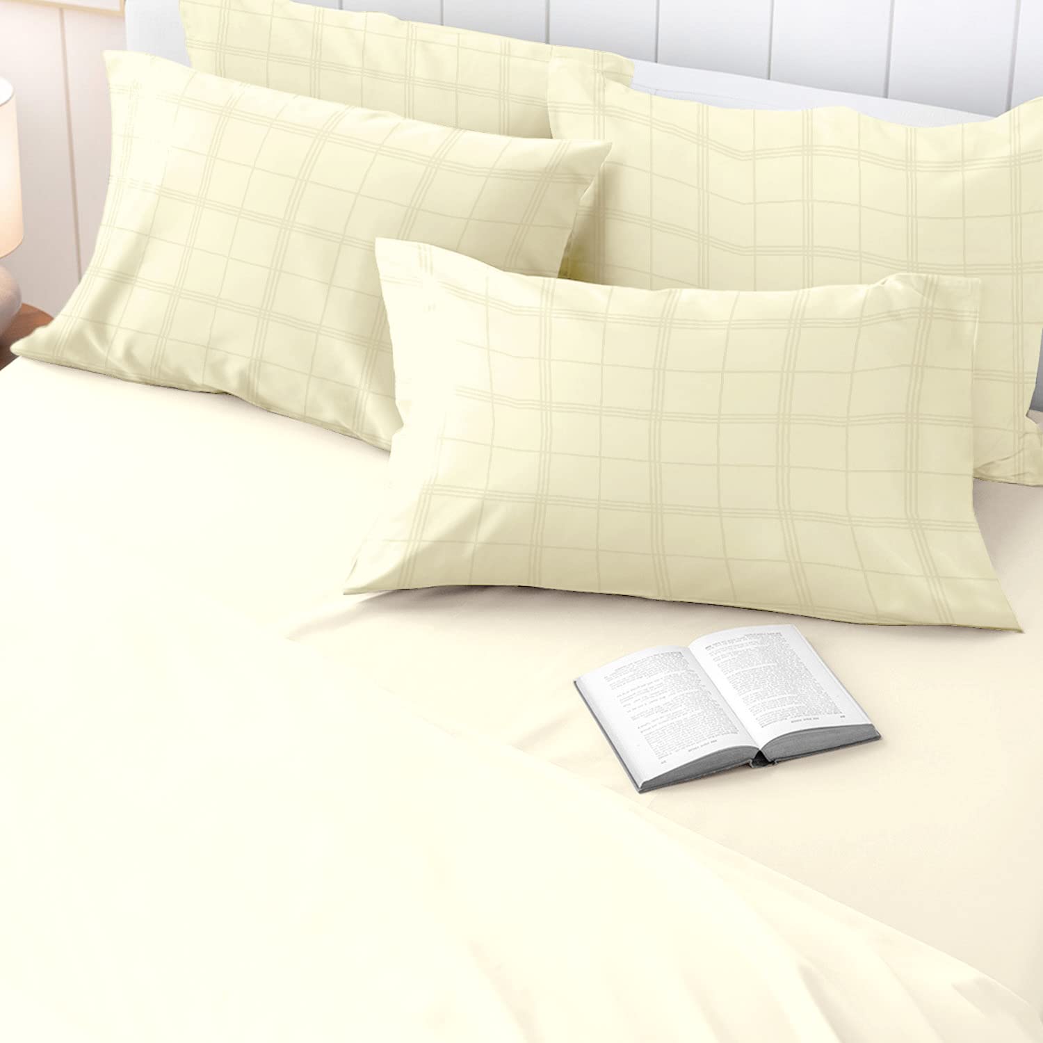 Pizuna 100% Cotton Cream Big Checks Housewife Pillowcases 2 Pack, 300 Thread Count Long Staple Combed Cotton Checked Bedding