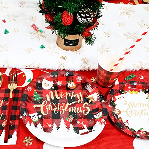 Christmas Paper Plates And Napkins Set Decorations For 24 Guests, Holiday Buffalo Check Foil Gold Tableware With Cups And Straws, Disposable Merry Christmas Theme Party Decor #TOP4