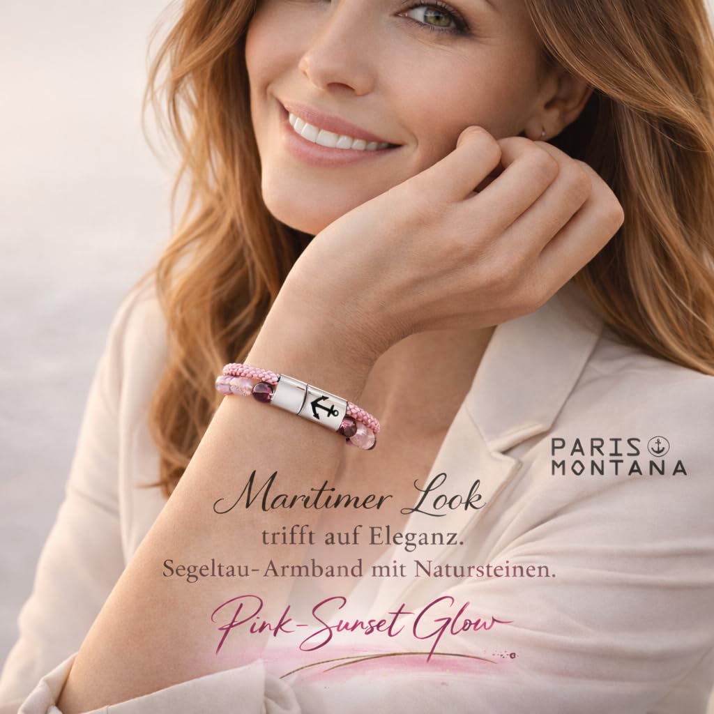 Segeltau & Naturstein Damen Armband – Maritimes Wickelarmband mit Sicherheits Magnetverschluss und Anker Gravur