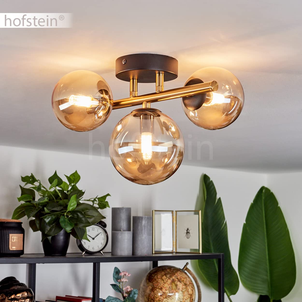 HOFSTEIN Deckenleuchte Chehalis, Deckenlampe aus Metall/Glas in Schwarz/Messing/Bernstein, Leuchte im Retro/Vintage-Design (Ø Schirme 10; 12 cm), 3 x G9, Schlafzimmer, Wohnzimmer, Küche, Esszimmer
