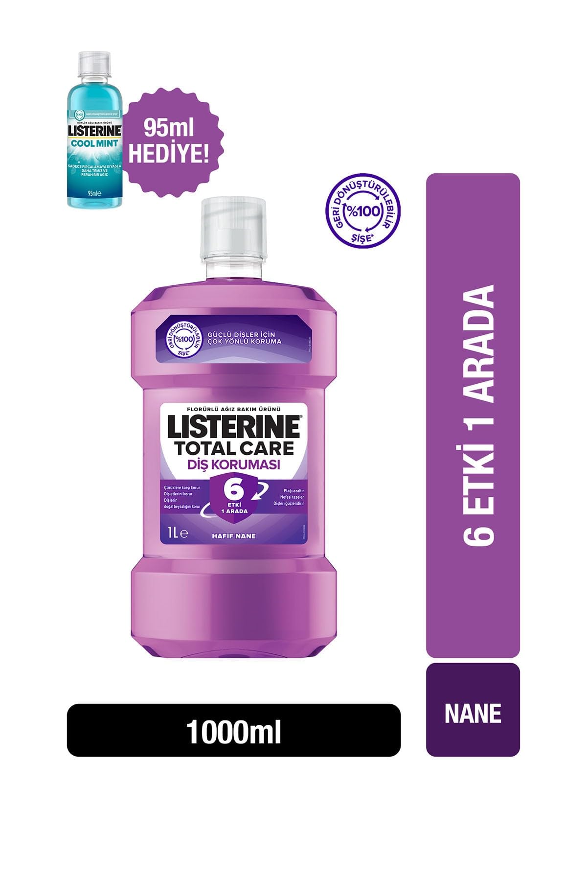 Listerine Total Care Ağız Çalkalama Suyu, 1000 ml + Cool Mint 95 ml Hediye