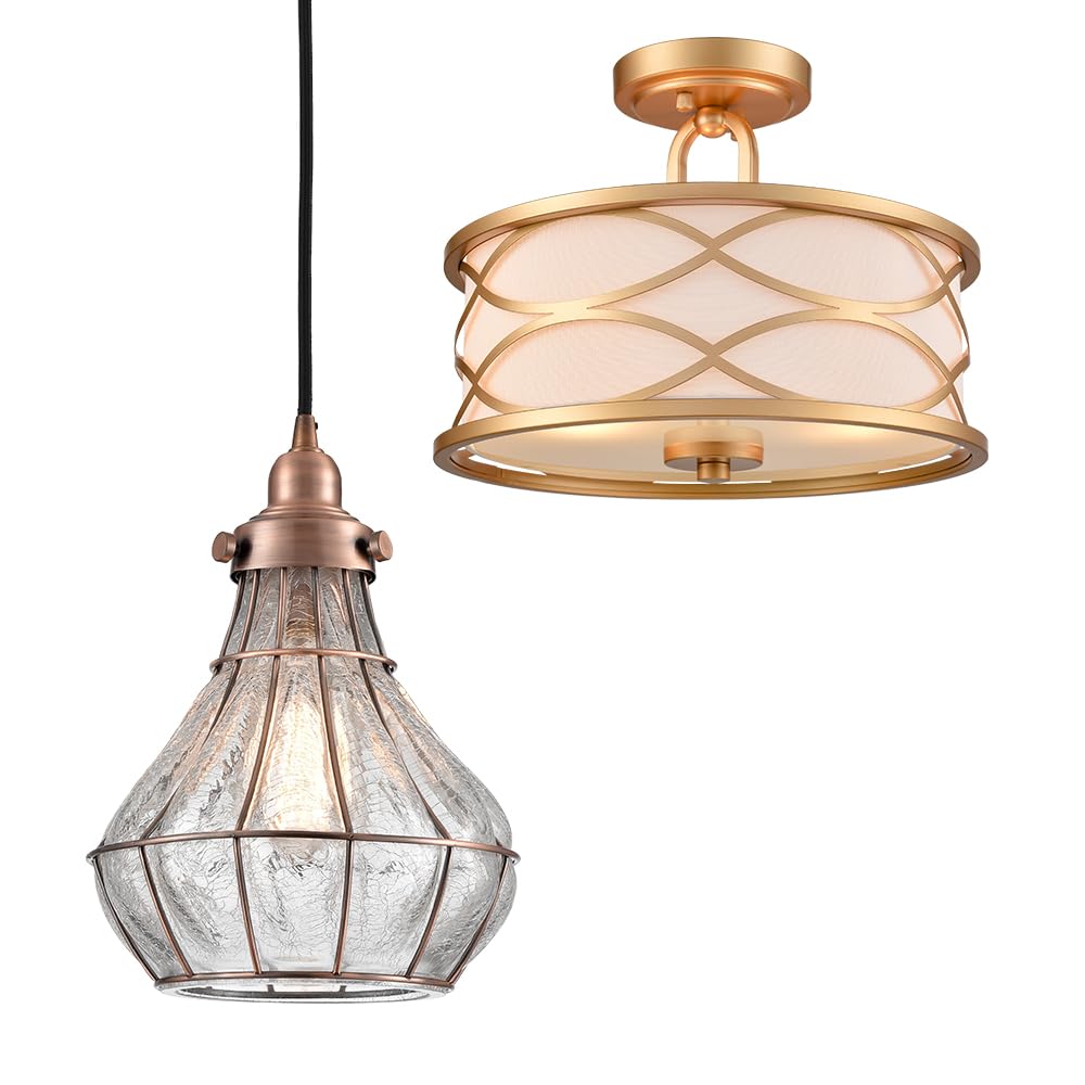YUBOLEAntique Red Copper Pendant Light Glass Shade with Modern Gold Ceiling Light Semi-Flush