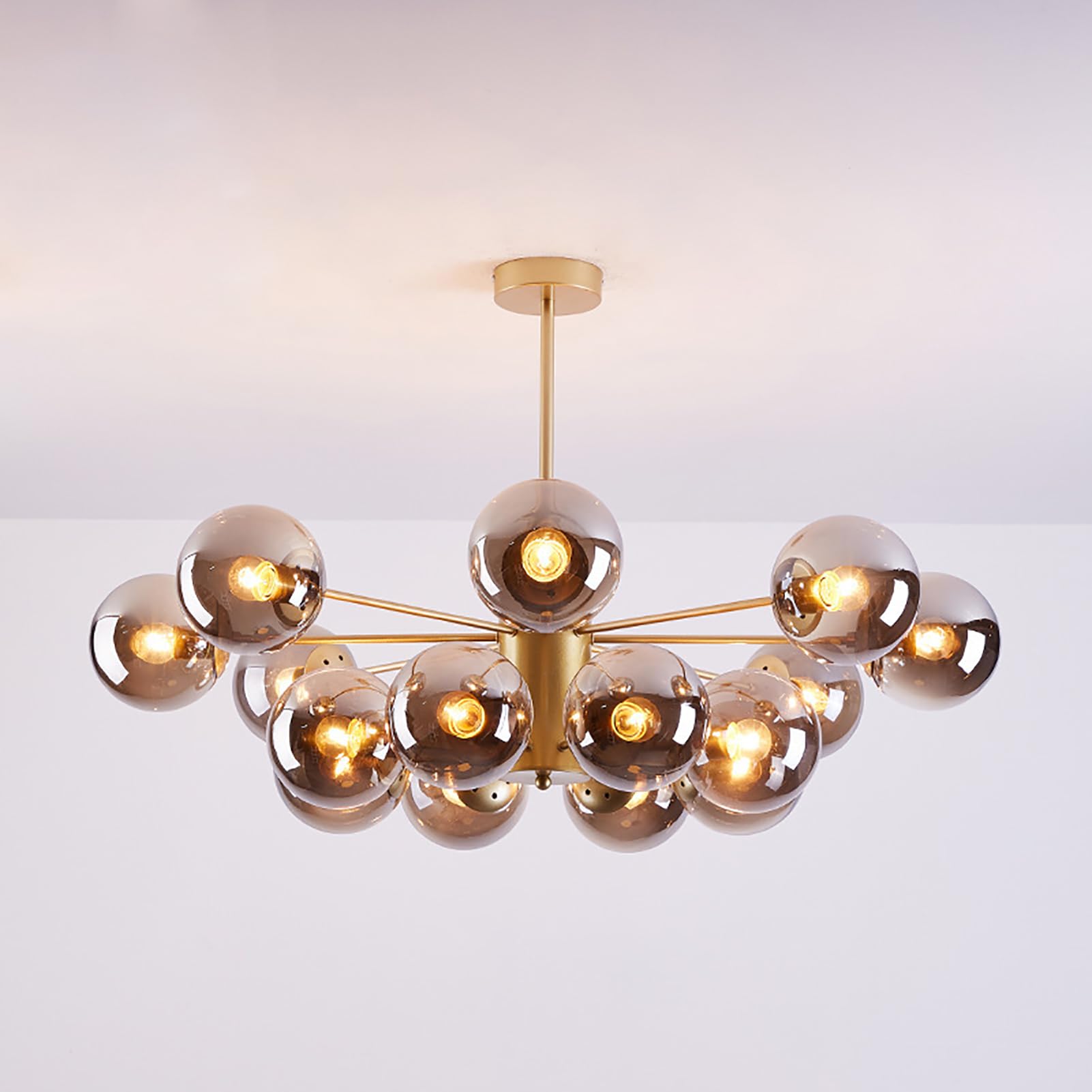 Mid Century Modern Chandelier, Glass Linear Pendant Light Dimmable Light Fixture, Decorative Globe Ceiling Light for Dining Room, Bedroom, Kitchen, Easy Installation(16 Heads, Gold + Smoke Gray)