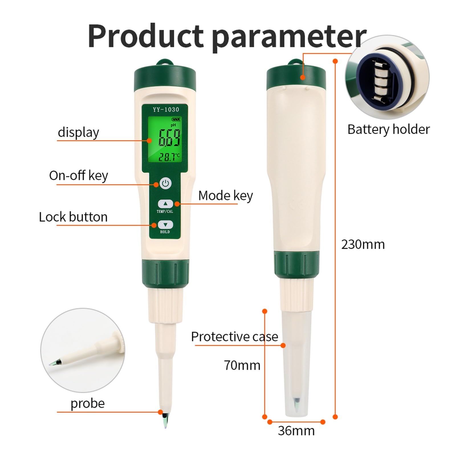 Tester miernika PH, YY1030 Tester PH żywności Alkalimetr ciasta Sery owocowe Kosmetyki Miernik PH 0.00-14.00 Matryca gleby Detektor PH Temperatura Tester kwasowości,Woda pitna, Hydroponika, SPA, Brow